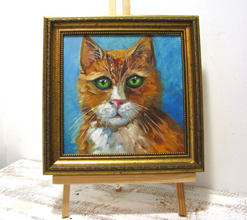 Ginger Cat Portrait in Oil on Small Size Canvas - ตกแต่งผนัง - วัสดุอื่นๆ หลากหลายสี