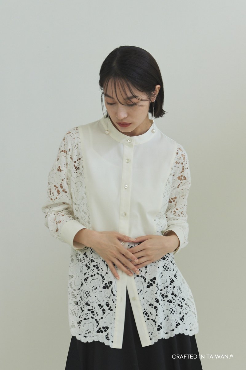 飄揚花朵の簍空蕾絲拼接襯衫 ( 優雅白附 / 短背心 ) - 女襯衫 - 棉．麻 白色