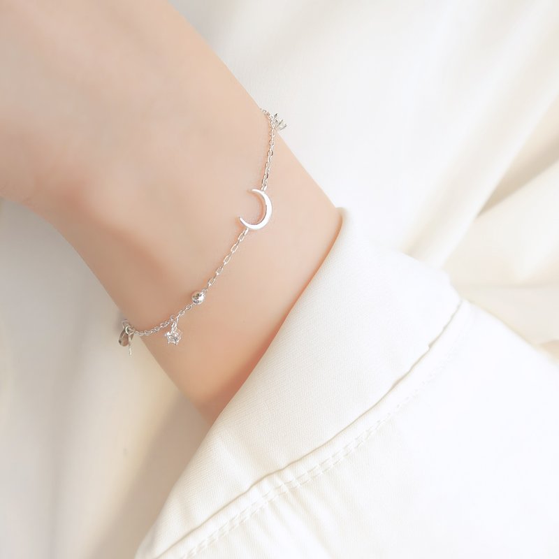 925純銀 鋯石 月亮 星星 小鑽 客製化刻字 手鍊 免費送禮包裝 - 手鍊/手環 - 純銀 灰色