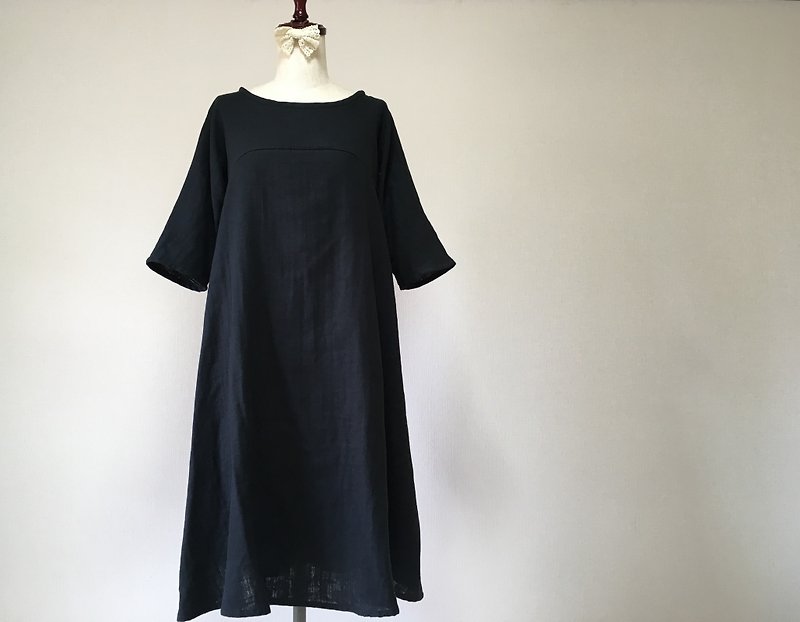 double gauze dress　Simple plain flared dress　black - One Piece Dresses - Cotton & Hemp Black