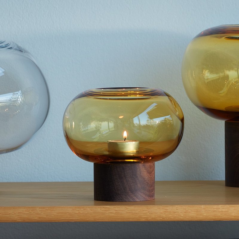 【LSA】OBLATE Oval Vase with Walnut Base 15cm-Amber - Pottery & Ceramics - Glass Brown