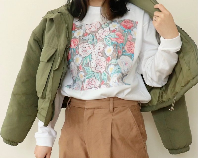 アートを着るロンT  薔薇　カットソー　長袖 - Tシャツ - コットン・麻 ホワイト