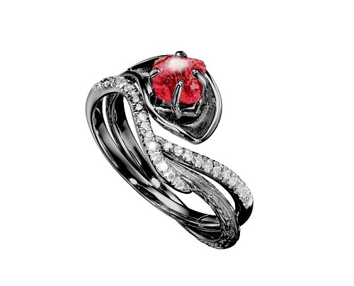 Majade Jewelry Design 紅寶石14k金鑽石馬蹄蓮結婚戒指組合 海芋花原石密鑲求婚戒指套裝