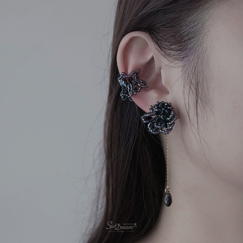 微光點點 -夜影絮語 耳骨夾耳環 串珠玻璃珠耳夾/耳環 - 耳環/耳夾/耳骨夾 - 琉璃 黑色