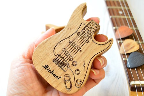 EngravedWoodBox Guitar pick holder, wooden personalized guitar gift for guitar player or teacher