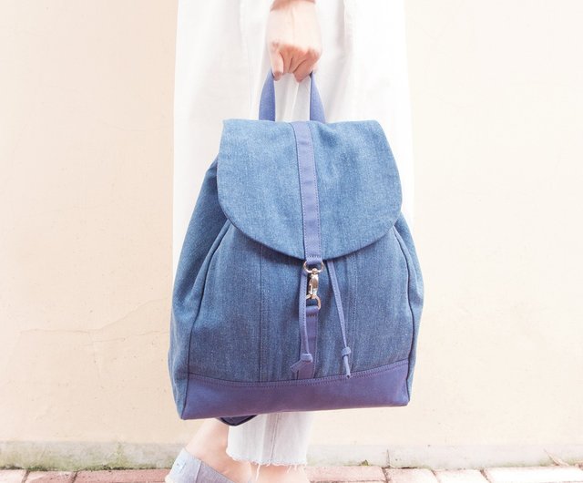 Denim drawstring online backpack