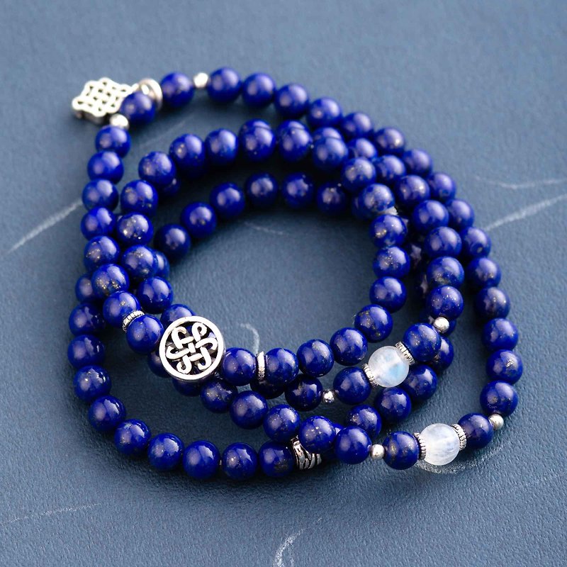 Lapis Lazuli, Moonstone, 925 Sterling Silver, 108 Mala beads Natural Gemstone Br - Bracelets - Crystal Blue