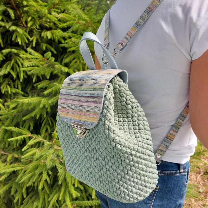 Sage green backpack purse for girls and women, handmade bag with leather trim - กระเป๋าสะพาย - หนังแท้ หลากหลายสี