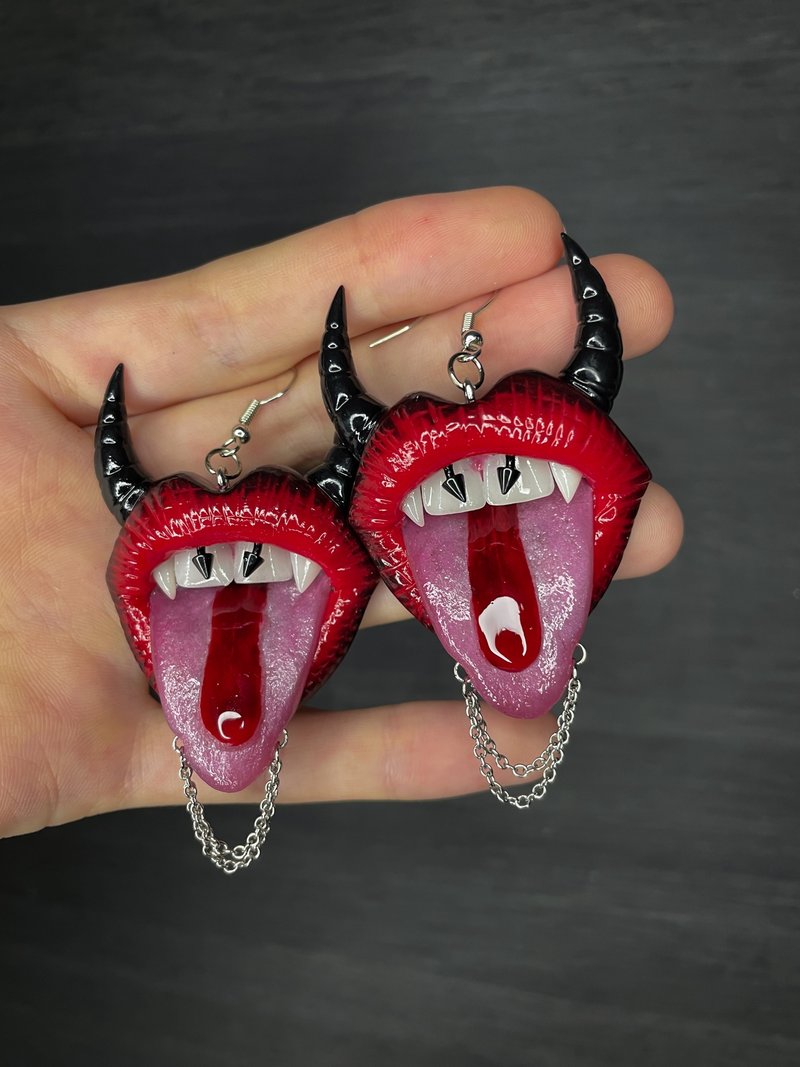 Earrings. Red lips with horns and chains. - Earrings & Clip-ons - Clay 