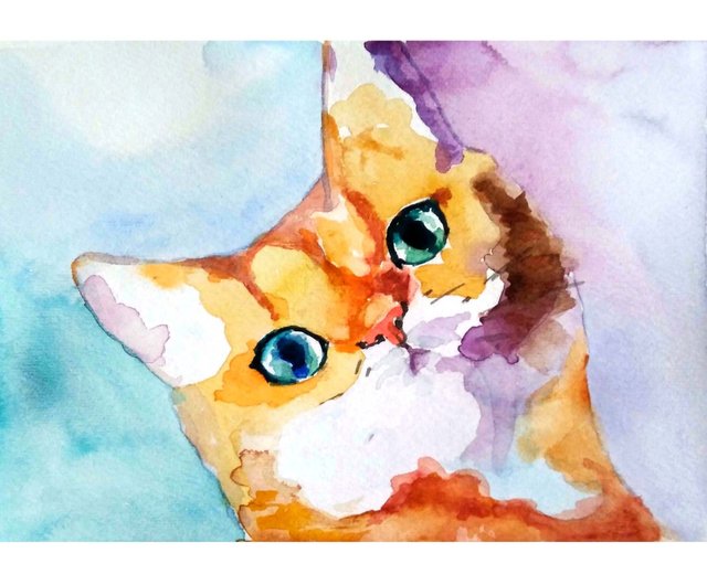 手書き 水彩画 絵画 猫とすずめ（猫の肖像(19) 手描き作品 額付