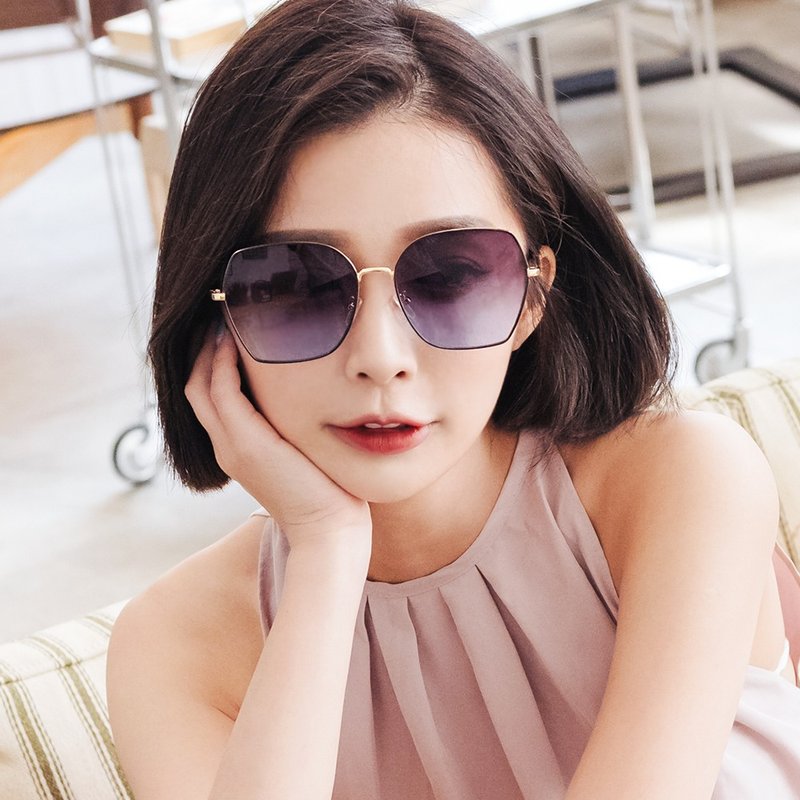 Shaoguang’s magic lamp phantom│fashionable black feather blue gold frame geometric sunglasses│UV400 sunglasses - แว่นกันแดด - โลหะ สีน้ำเงิน