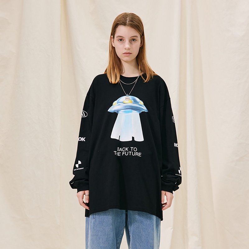 MOKACME VIBE 21AW 回到未來UFO飛碟印花長袖T恤 - 男 T 恤 - 棉．麻 黑色