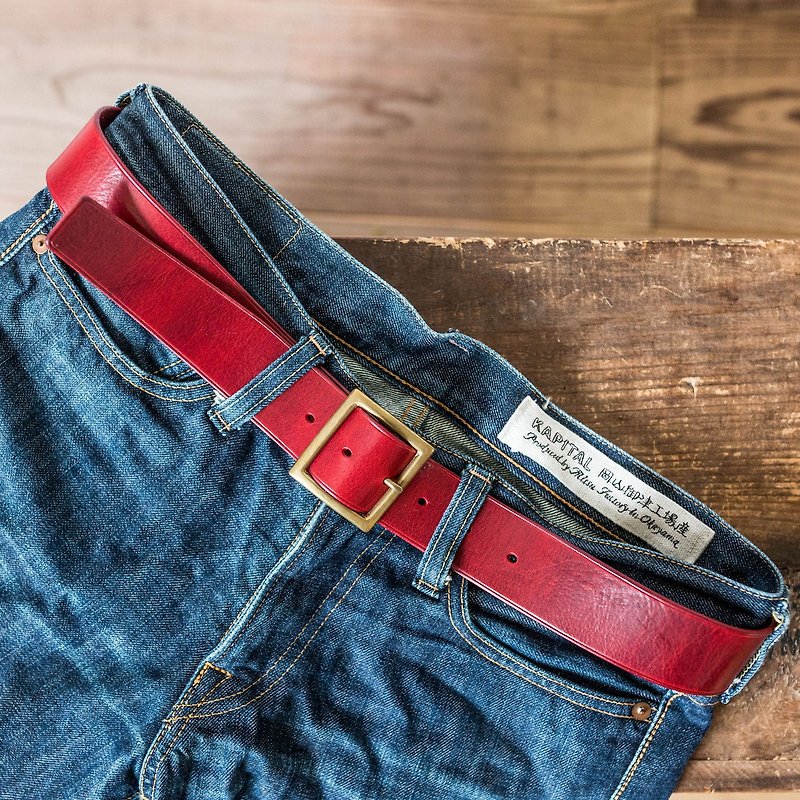 Solid brass aged leather belt / retro red - เข็มขัด - หนังแท้ สีแดง