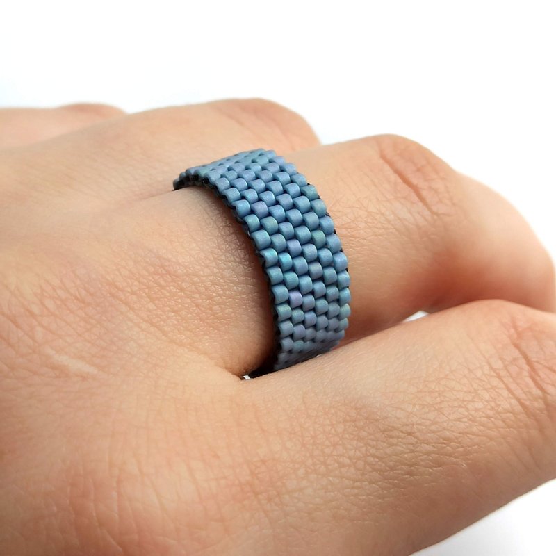 Matte blue ring | Handmade bead ring | Minimalist ring | Gift ring - 戒指 - 玻璃 藍色