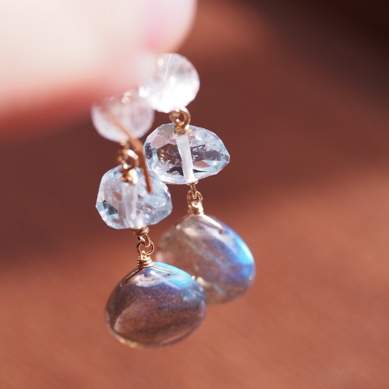 14K gold filled Labradorite & Aquamarine & Moonstone earrings Lucky Stone - ต่างหู - เครื่องประดับพลอย สีน้ำเงิน