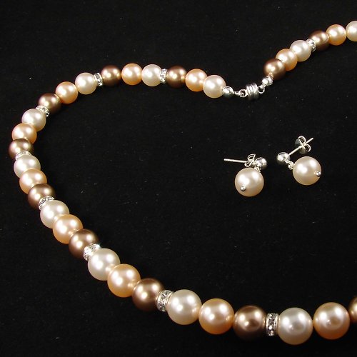 AGATIX Swarovski Beige White Crystal Pearl Necklace and Earrings Wedding Jewelry Set