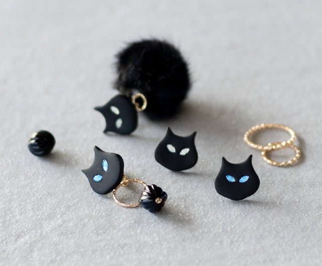 Eye color changes 3way / Black cat set / Earrings / Clip-On - Shop