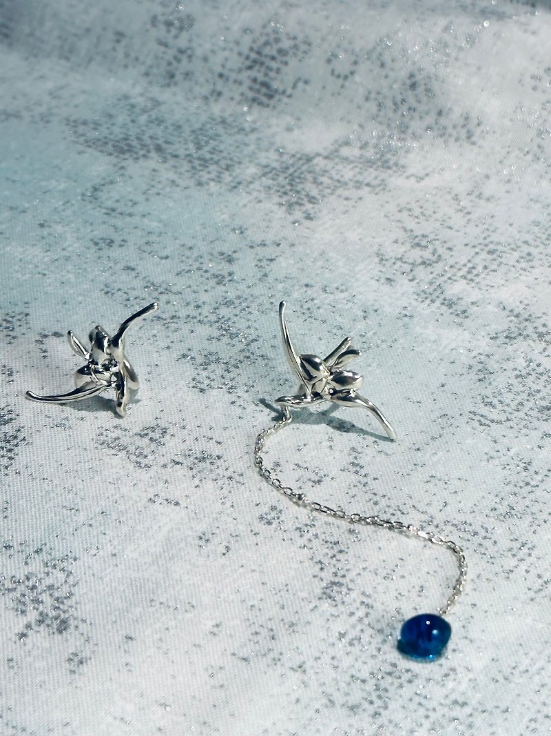 Meteor earrings long chain water drop bead version - single - Earrings & Clip-ons - Sterling Silver Silver