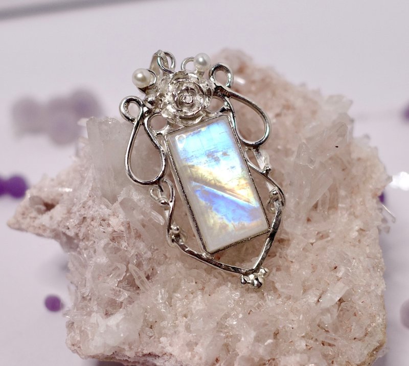 Moonstone-Moonstone Sterling Silver Rose Pendant - Necklaces - Sterling Silver White