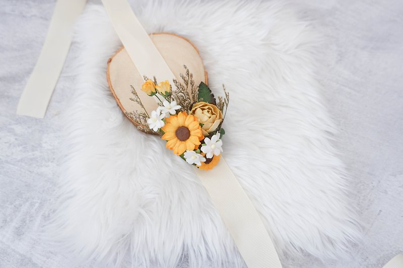 Wedding flower wrist corsage sunflower, yellow, floral bracelet - Corsages - Paper Yellow