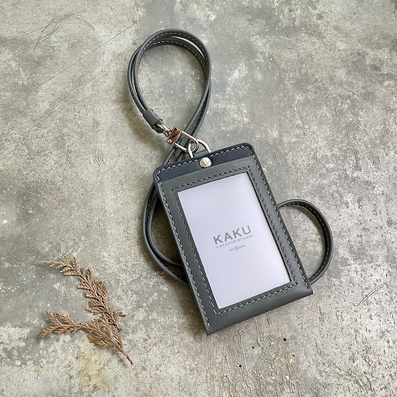 Identification card holder ID holder customized custom gray/dark dark blue - ที่ใส่บัตรคล้องคอ - หนังแท้ สีเทา