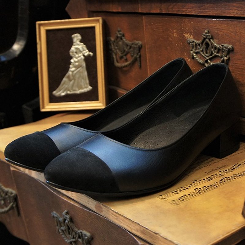 GT black stitching low heels (spot) - High Heels - Genuine Leather Black