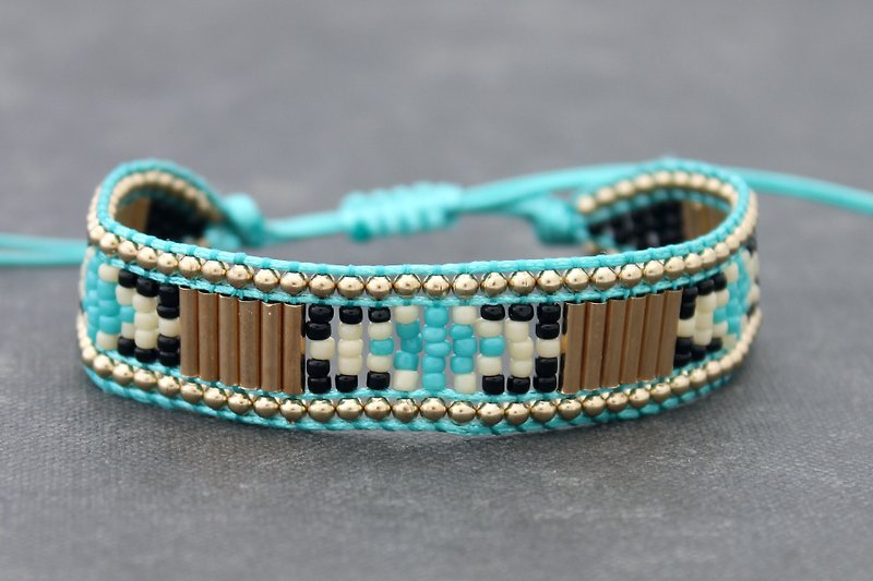 Seed Beads Friendship Bracelets, Brass Beaded Braided Blue Ethnic Pattern  - Bracelets - Other Metals Blue