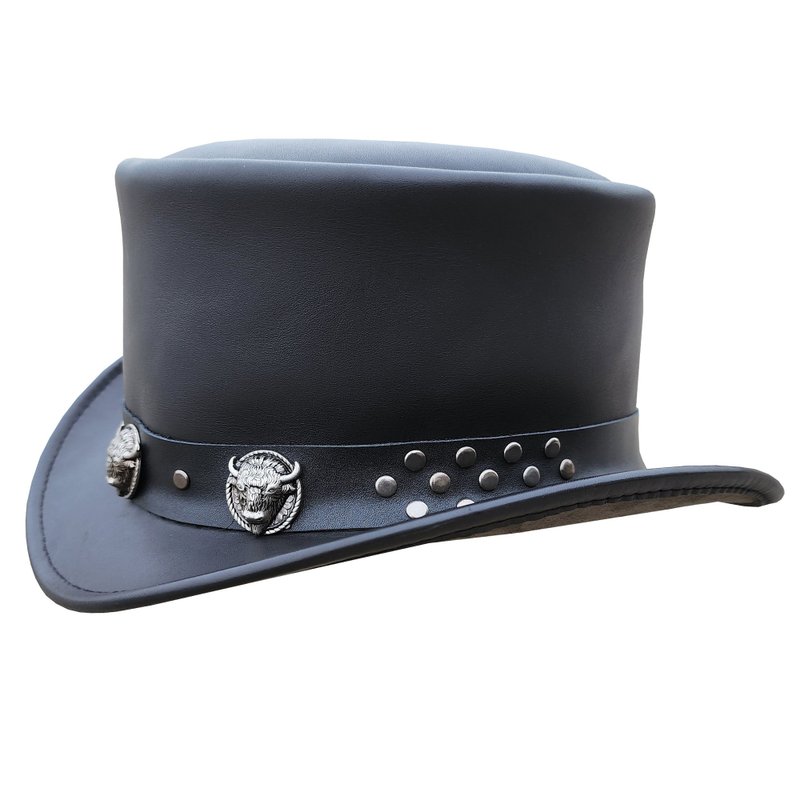 Bison Head Band Black Leather Top Hat - Hats & Caps - Genuine Leather Black