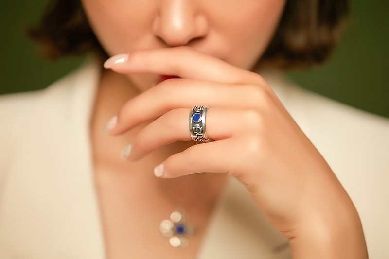 King Kong VAJRA Collection | Six Words Mantra Lapis Lapis Sterling Silver Ring Thin Edition Unisex - แหวนทั่วไป - เงินแท้ สีเงิน