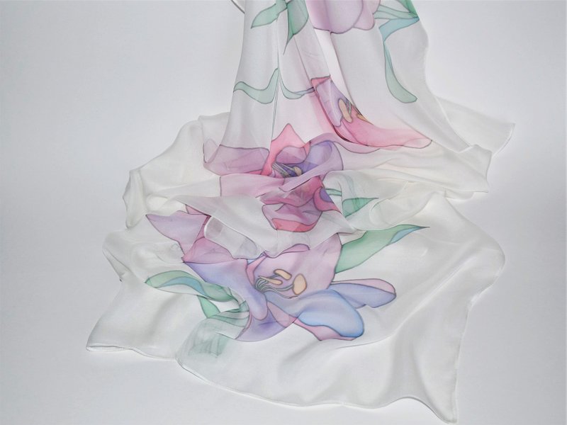 Pure silk hand painted scarf Floral silk scarf white silk hair scarf wedding - 絲巾 - 絲．絹 白色