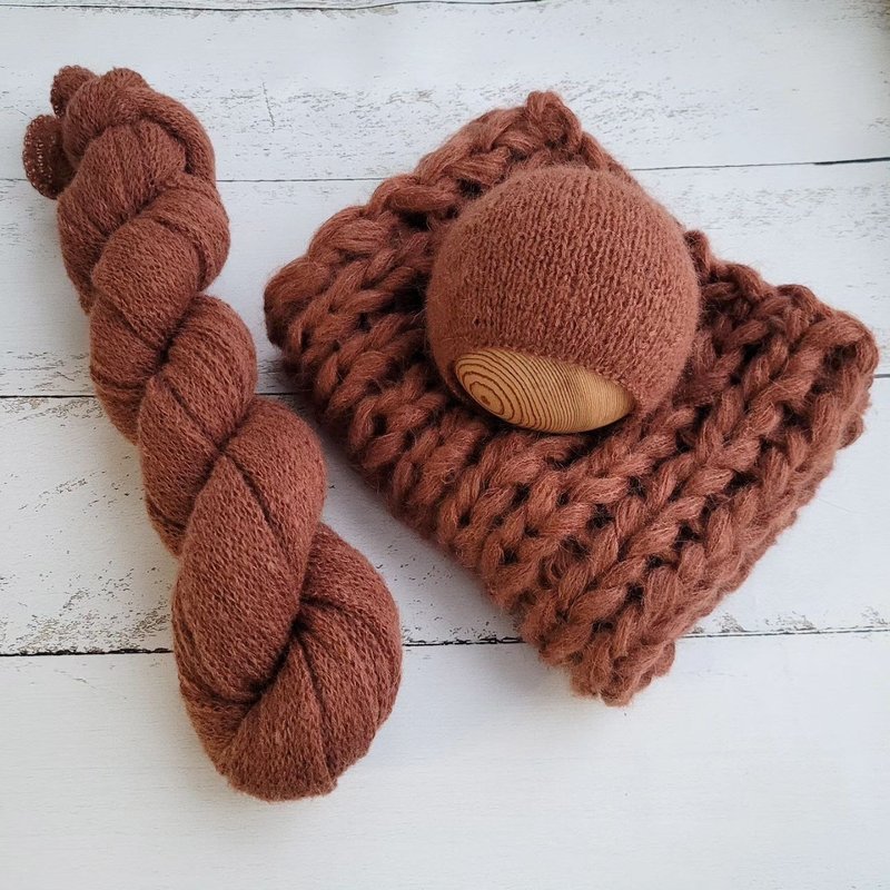 Brown soft newborn Bonnet, Wrap,Blanket. Newborn photo props - 嬰兒手鍊/飾品 - 羊毛 咖啡色