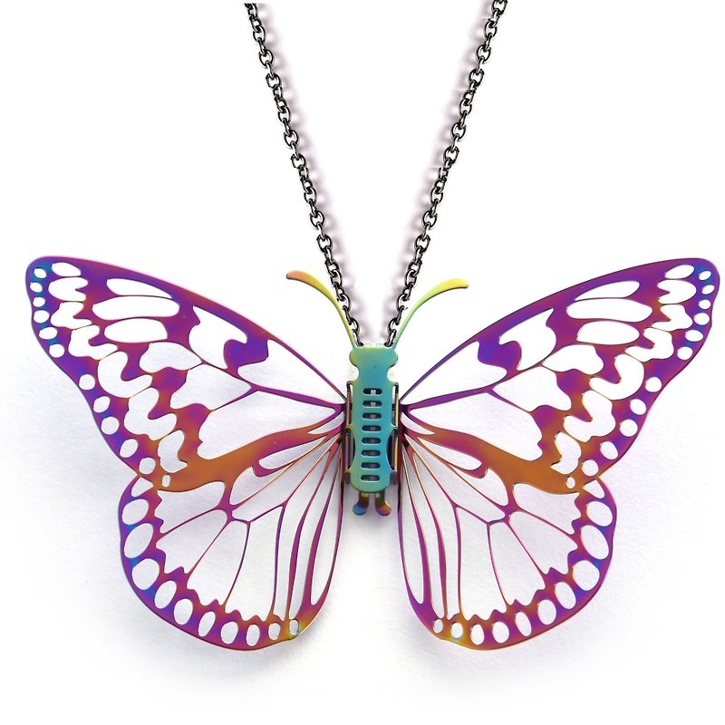 交換可能な羽を持つ蝶のネックレス 大きな白い蝶 (グラデーション) 医療グレードのステンレス ロング チェーン 独占特許 - ネックレス - 金属 多色