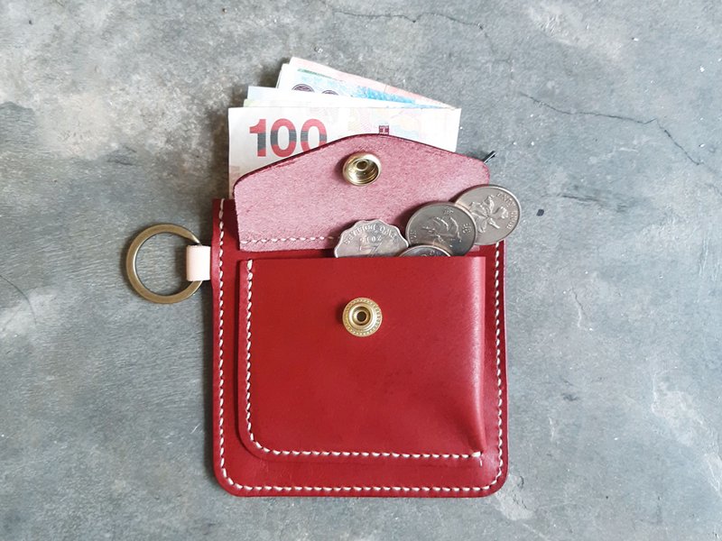 Square Zipper Silver Well Stitched Leather Material Bag Wallet Silver Loose Paper Bag Italian Vegetable Tanned - เครื่องหนัง - หนังแท้ สีแดง