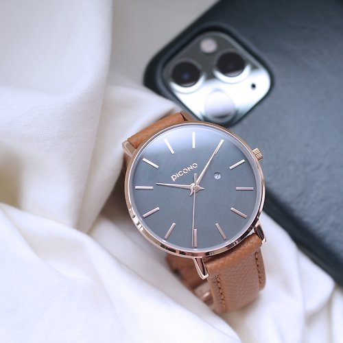 PICONO Watches Siempre 簡約玫瑰金法國真皮錶帶對錶手錶 / SI-11001 藍色 女款