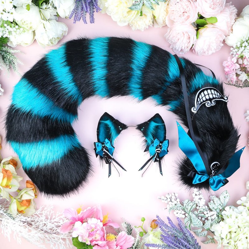 Black and Teal Cheshire Cat Ears  and Tail Set Faux Fur Ears and Tail Set - 髮圈/髮夾 - 其他人造纖維 黑色