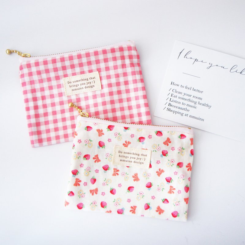 Pink / Floral Print / Strawberry / Cotton Zipper Pouch / Card Holder / Small Item Organizer - Toiletry Bags & Pouches - Cotton & Hemp 