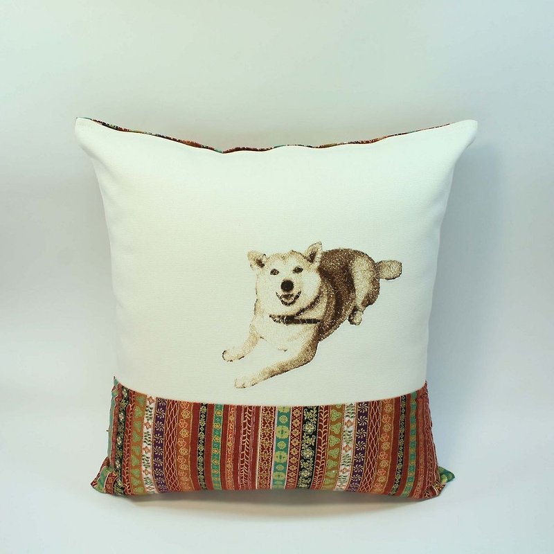 Large embroidery pillow cover 03- Shiba Inu - หมอน - ผ้าฝ้าย/ผ้าลินิน สีนำ้ตาล