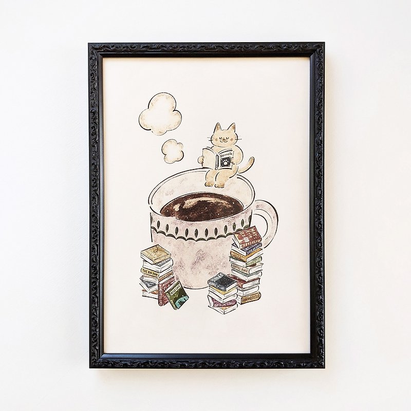 A4 Cat, coffee, and book Art print - Posters - Paper Brown