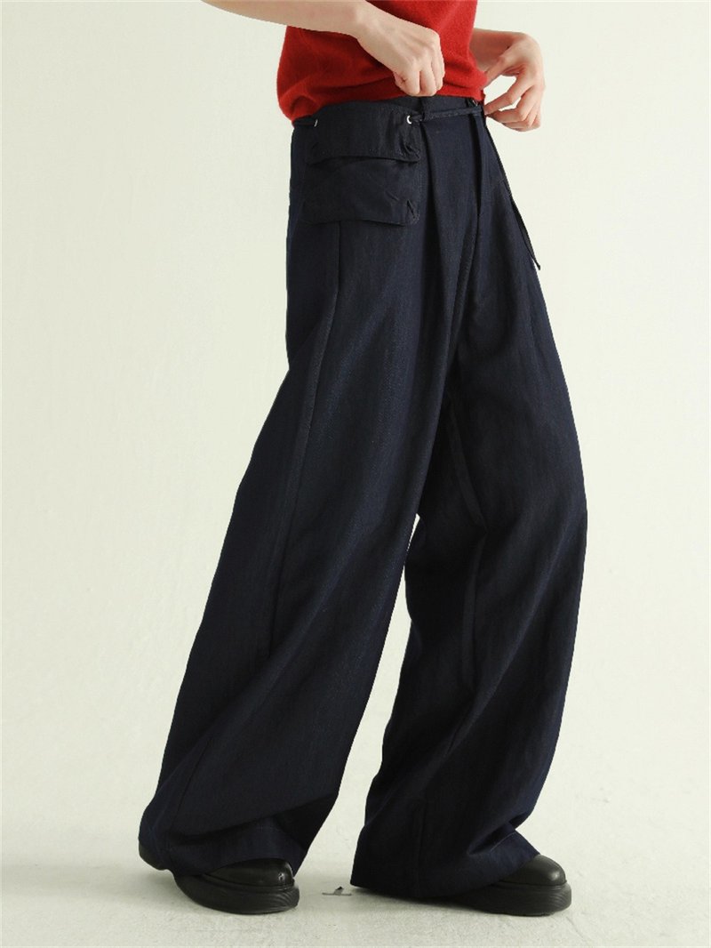 Indigo retro casual drape jeans with a small shoulder bag Straight pants High waist wide pants SL - Women's Pants - Cotton & Hemp Blue