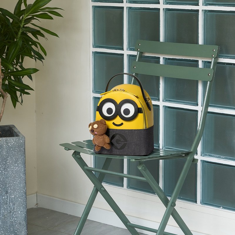 【Free Gift Event】Minions Denim with Leather Backpack - Messenger Bags & Sling Bags - Genuine Leather Yellow