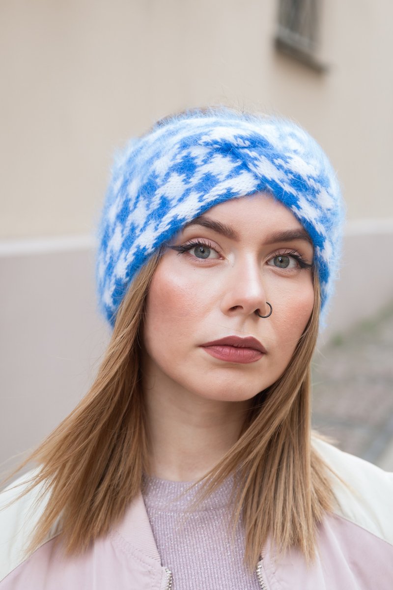 Angora blue headband. Twist knitted ear warmer. Fluffy head wrap - Headbands - Wool Blue