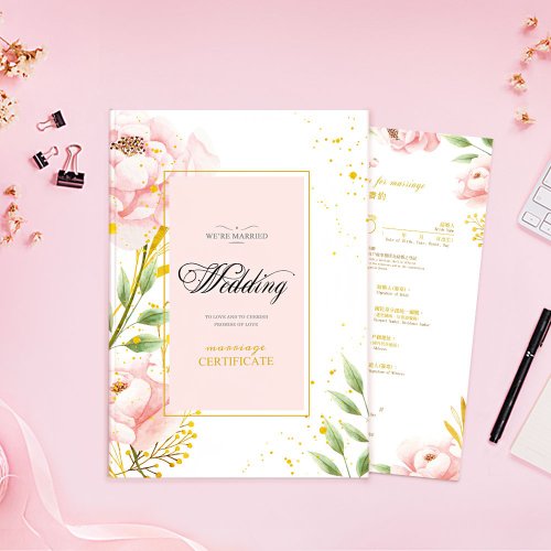 風華喜帖 【快速出貨】結婚書約夾(證書夾)-流金粉花-另可客製化名字