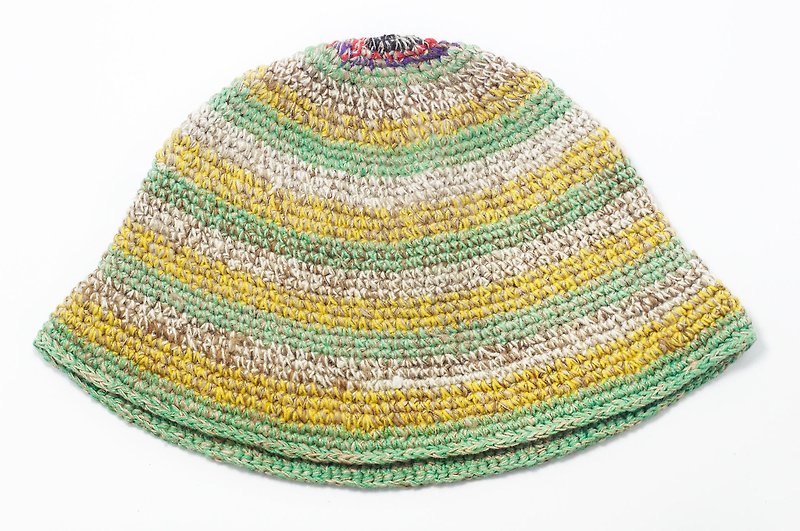 バレンタインデーギフト手織り帽子/ニットキャップ/手織りコットンリネンキャップ/ウールキャップ/帽子/バイザー（ネパール製）-森の風のストライプ色のコットンリネン帽子麻 - 帽子 - コットン・麻 多色