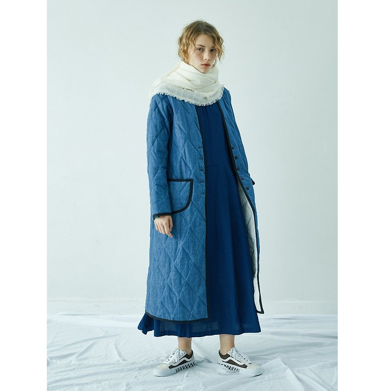 Denim quilted long coat - เสื้อแจ็คเก็ต - ผ้าฝ้าย/ผ้าลินิน สีน้ำเงิน
