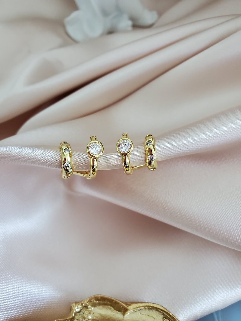 Double Hoop Earrings ~ Dainty CZ Huggie Earrings ~ Double Row Earrings ~ Conch - Earrings & Clip-ons - Copper & Brass Gold