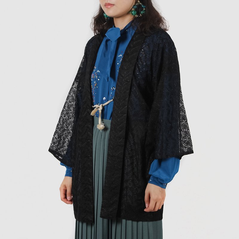 [Egg plant vintage] night lace yarn vintage kimono feather weaving - เสื้อแจ็คเก็ต - ไฟเบอร์อื่นๆ สีดำ