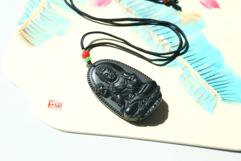 【大勢至菩薩】黑曜石項鏈/十二生肖馬掛件觀音玉珮 - 項鍊 - 玉石 黑色