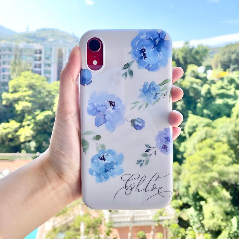 【Customized Gift】Phone Case iPhone 7~14 Name Watercolor Floral Border - Phone Cases - Plastic Blue