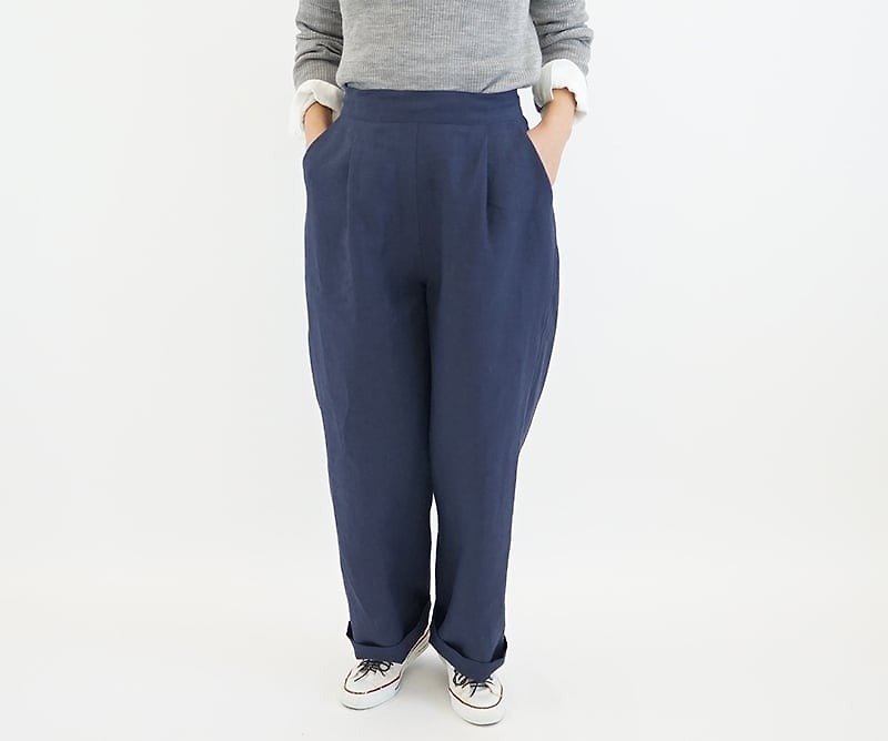 Belgium linen Relax pants waist with rubber pocket / Navy bo2-1 - Women's Pants - Cotton & Hemp Blue