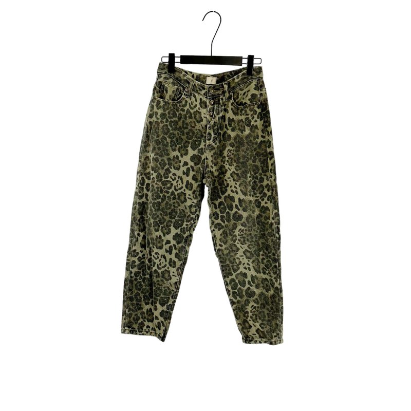 Second-hand gray-green-black leopard-print denim button-up high-waist 27 trousers PF322 - กางเกงขายาว - ผ้าฝ้าย/ผ้าลินิน สีเขียว
